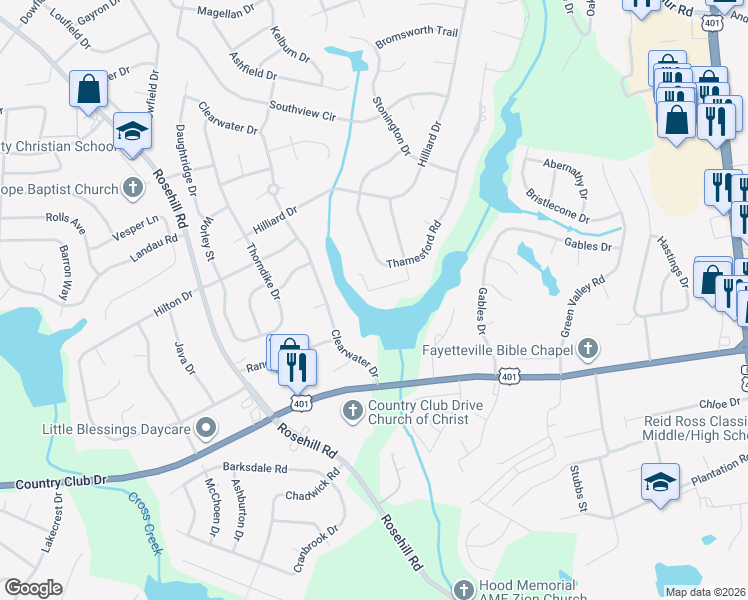 map of restaurants, bars, coffee shops, grocery stores, and more near 3505 Thamesford Road in Fayetteville
