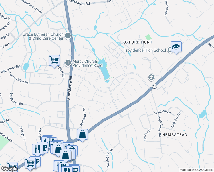 map of restaurants, bars, coffee shops, grocery stores, and more near 7841 Compton Court in Charlotte