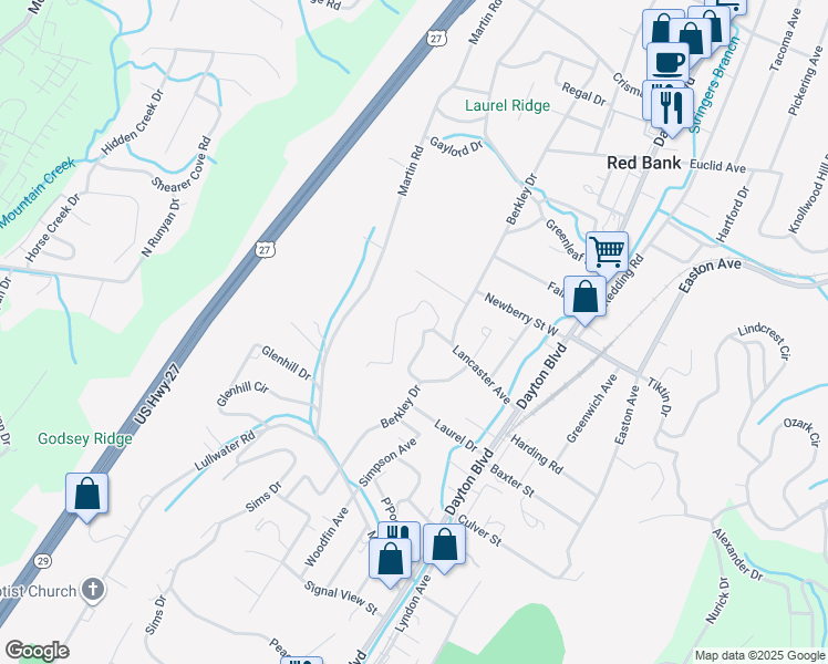 map of restaurants, bars, coffee shops, grocery stores, and more near 506 Lancaster Avenue in Chattanooga