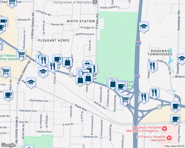 map of restaurants, bars, coffee shops, grocery stores, and more near 869 South Yates Road in Memphis
