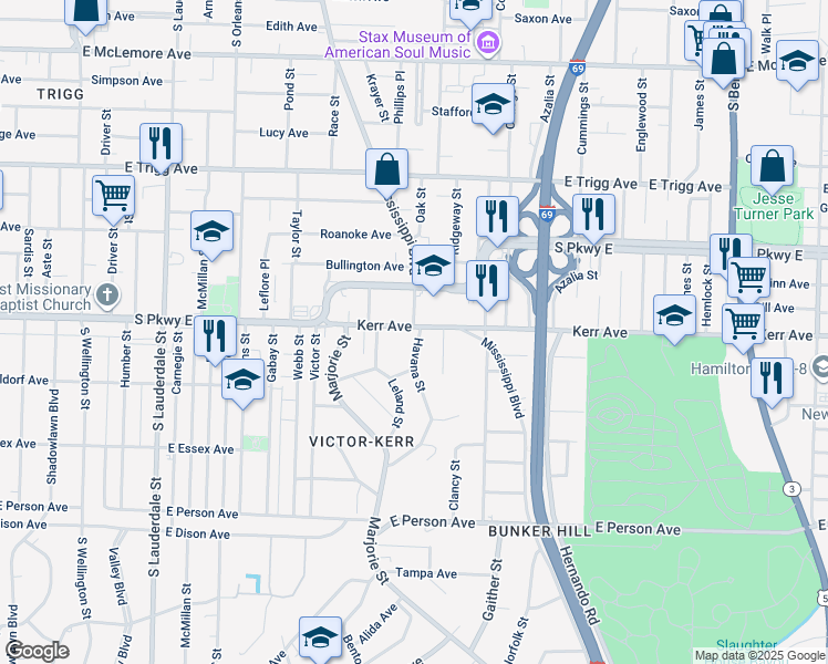 map of restaurants, bars, coffee shops, grocery stores, and more near 911 Kerr Avenue in Memphis