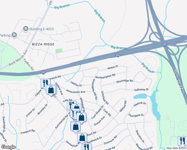 map of restaurants, bars, coffee shops, grocery stores, and more near 509 Northampton Road in Fayetteville