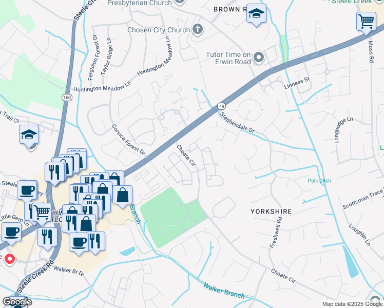map of restaurants, bars, coffee shops, grocery stores, and more near 12235 Stone Arbor Way in Charlotte