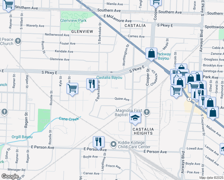 map of restaurants, bars, coffee shops, grocery stores, and more near 1973 South Parkway East in Memphis