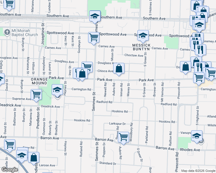 map of restaurants, bars, coffee shops, grocery stores, and more near 3093 Park Avenue in Memphis