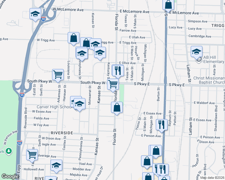 map of restaurants, bars, coffee shops, grocery stores, and more near 21 South Parkway East in Memphis