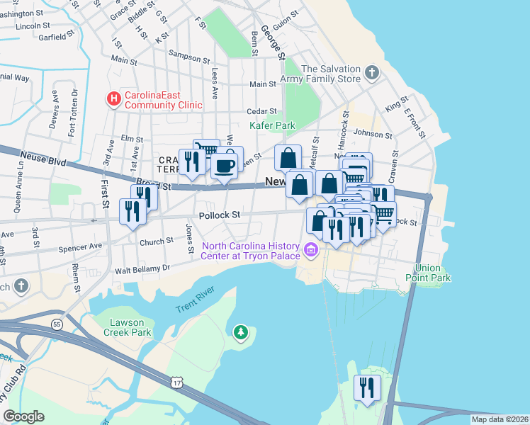 map of restaurants, bars, coffee shops, grocery stores, and more near 306 Bern Street in New Bern