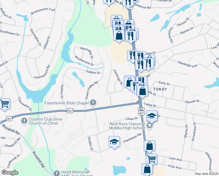 map of restaurants, bars, coffee shops, grocery stores, and more near 3549 Hastings Drive in Fayetteville