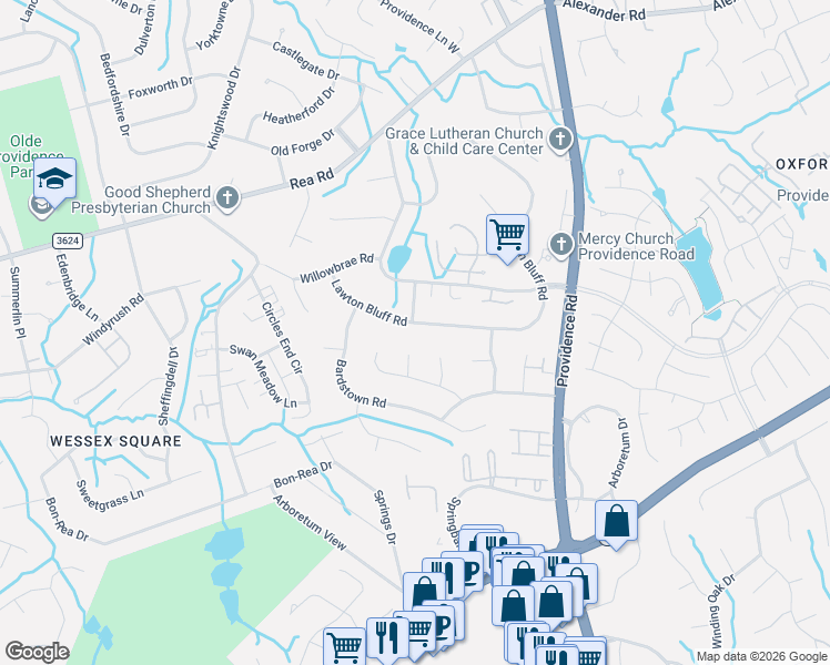 map of restaurants, bars, coffee shops, grocery stores, and more near 1917 Lawton Bluff Road in Charlotte