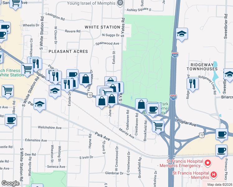 map of restaurants, bars, coffee shops, grocery stores, and more near 5498 Poplar Avenue in Memphis