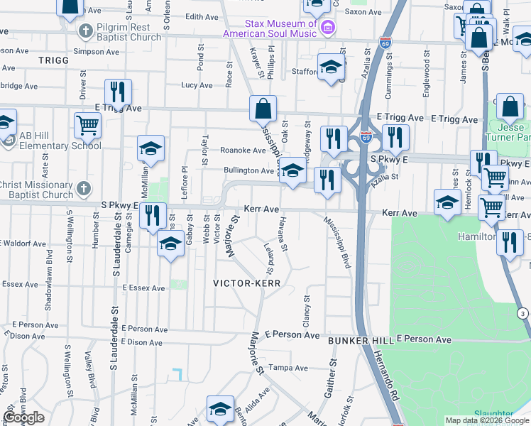 map of restaurants, bars, coffee shops, grocery stores, and more near 1441 Mississippi Boulevard in Memphis