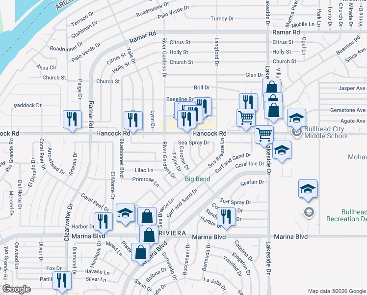 map of restaurants, bars, coffee shops, grocery stores, and more near 767 Sea Spray Drive in Bullhead City