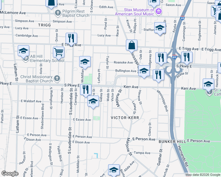 map of restaurants, bars, coffee shops, grocery stores, and more near 743 South Parkway East in Memphis