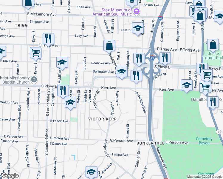 map of restaurants, bars, coffee shops, grocery stores, and more near 1441 Mississippi Boulevard in Memphis