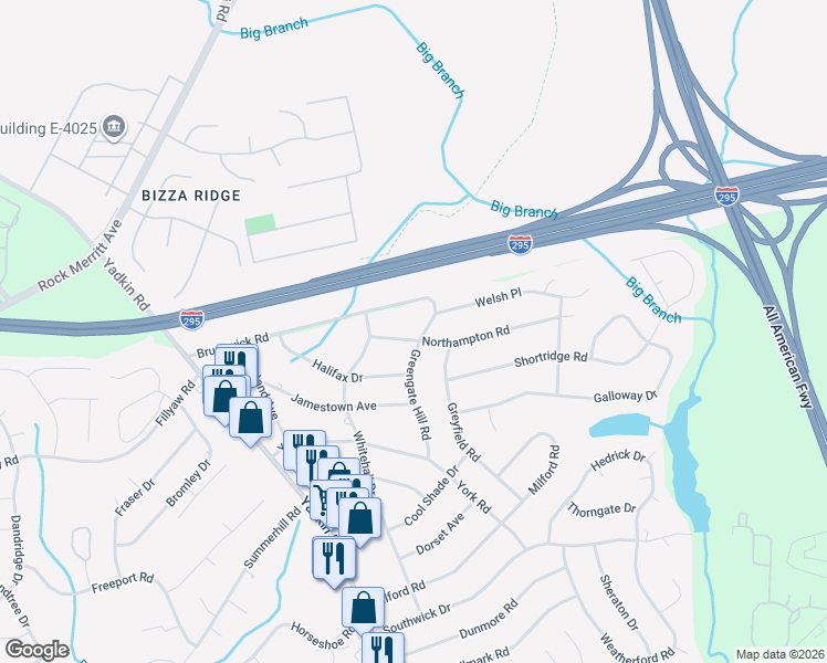 map of restaurants, bars, coffee shops, grocery stores, and more near 506-508 Brunswick Road in Fayetteville