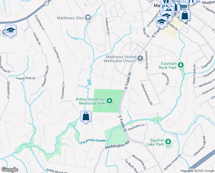 map of restaurants, bars, coffee shops, grocery stores, and more near 143 Whitefriars Lane in Matthews