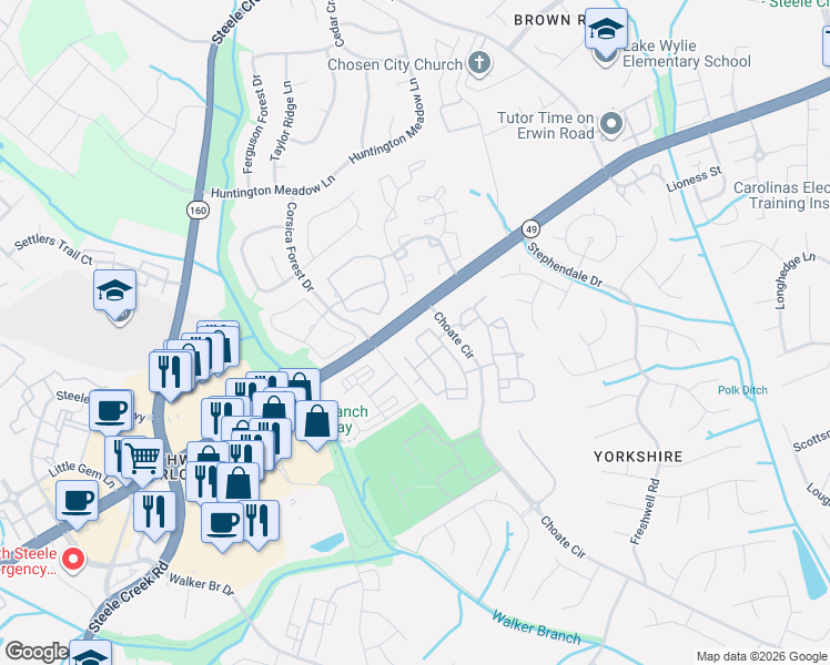 map of restaurants, bars, coffee shops, grocery stores, and more near 13316 Calloway Glen Drive in Charlotte