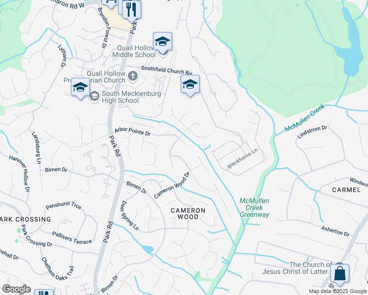 map of restaurants, bars, coffee shops, grocery stores, and more near 3215 Arbor Pointe Drive in Charlotte