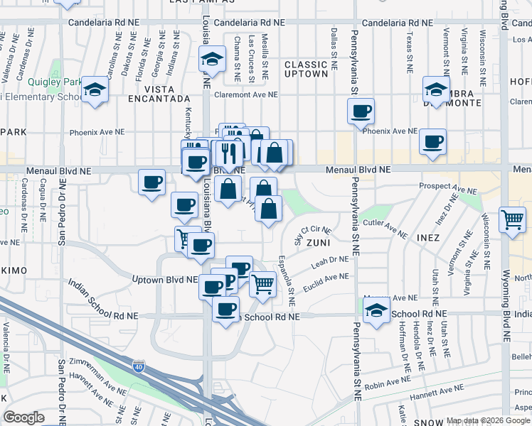 map of restaurants, bars, coffee shops, grocery stores, and more near 7011 Prospect Place Northeast in Albuquerque