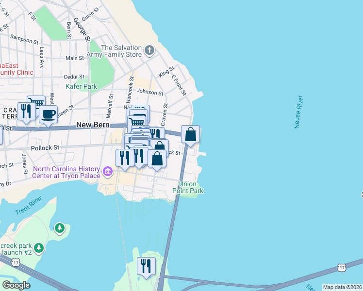 map of restaurants, bars, coffee shops, grocery stores, and more near 313 River Walk Drive in New Bern