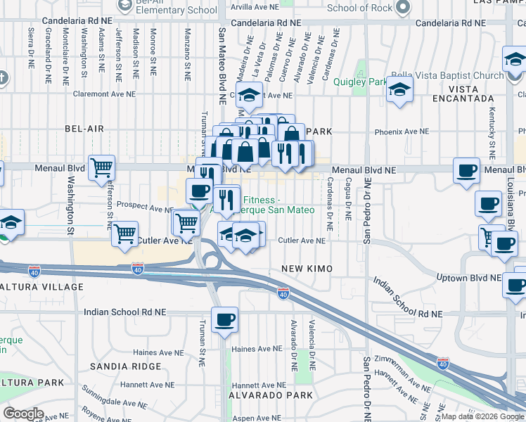 map of restaurants, bars, coffee shops, grocery stores, and more near 2504 La Veta Drive in Albuquerque