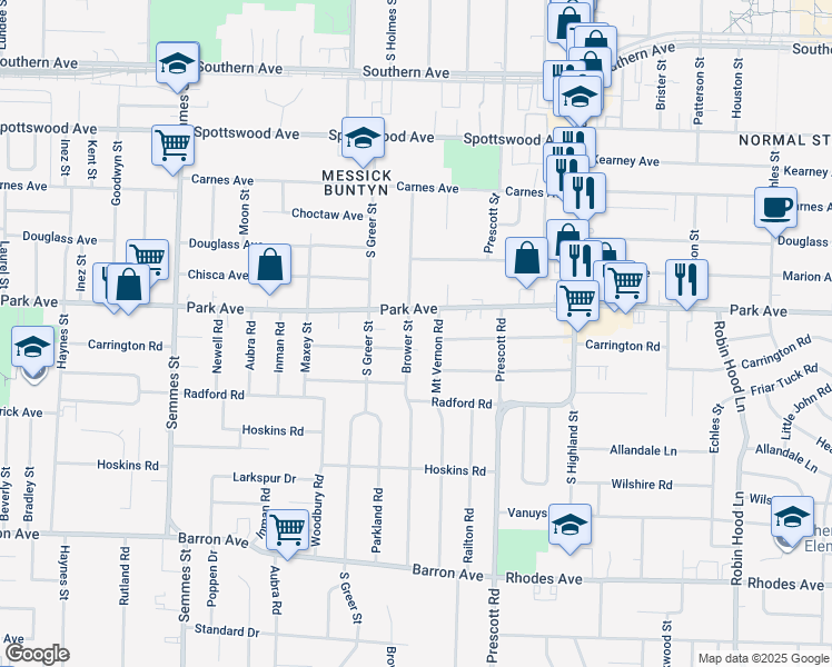 map of restaurants, bars, coffee shops, grocery stores, and more near 906 Brower Street in Memphis