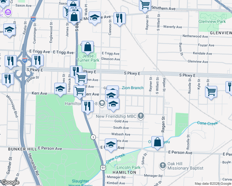 map of restaurants, bars, coffee shops, grocery stores, and more near 1386 Kerr Avenue in Memphis