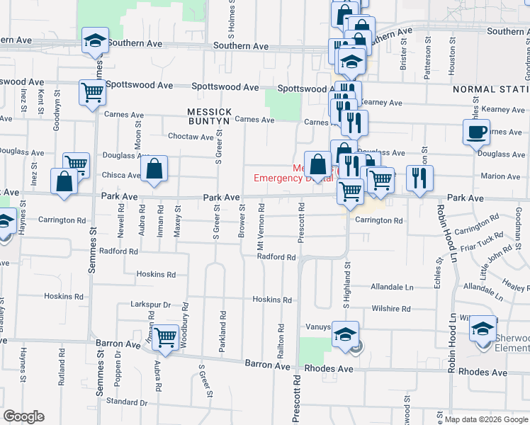 map of restaurants, bars, coffee shops, grocery stores, and more near 3363 Park Avenue in Memphis