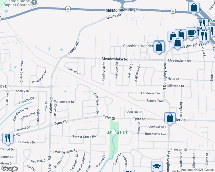 map of restaurants, bars, coffee shops, grocery stores, and more near 2120 Remington Road in Conway
