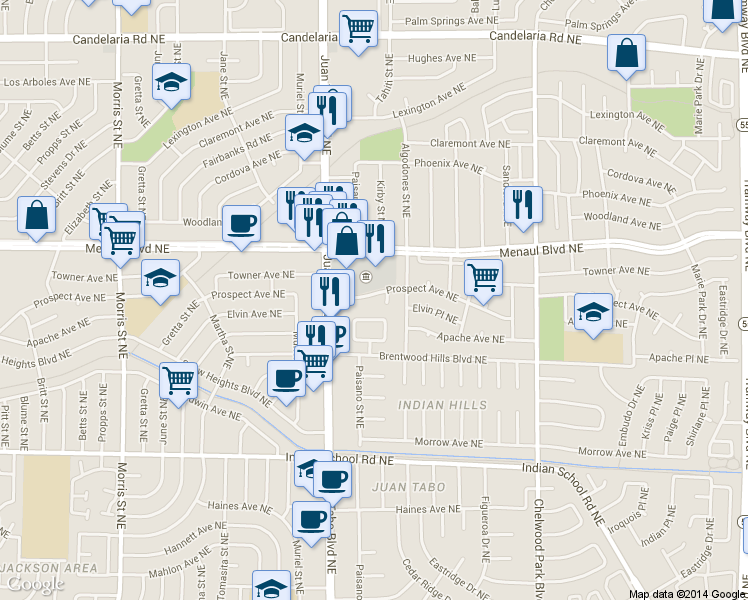 map of restaurants, bars, coffee shops, grocery stores, and more near 11500 Menaul Boulevard Northeast in Albuquerque