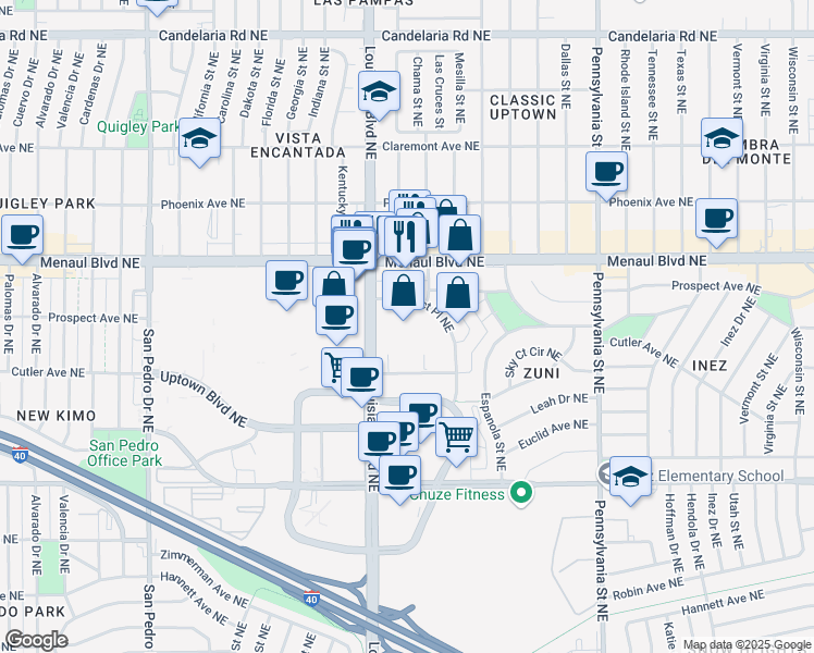 map of restaurants, bars, coffee shops, grocery stores, and more near 2444 Louisiana Boulevard Northeast in Albuquerque