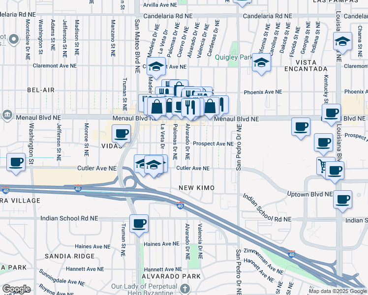 map of restaurants, bars, coffee shops, grocery stores, and more near 2503 Alvarado Drive Northeast in Albuquerque