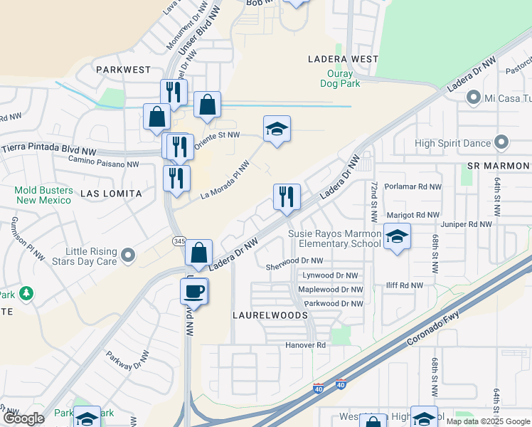 map of restaurants, bars, coffee shops, grocery stores, and more near 24 Laurelwood Place Northwest in Albuquerque
