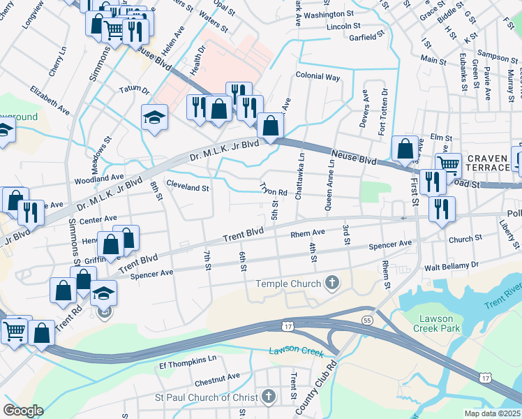 map of restaurants, bars, coffee shops, grocery stores, and more near 1711 Tryon Road in New Bern