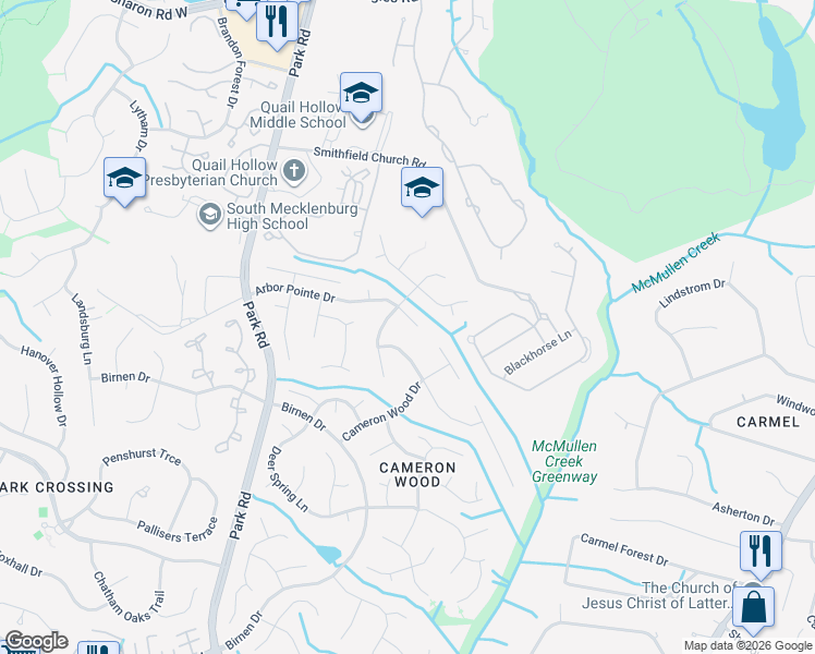 map of restaurants, bars, coffee shops, grocery stores, and more near 3215 Arbor Pointe Drive in Charlotte