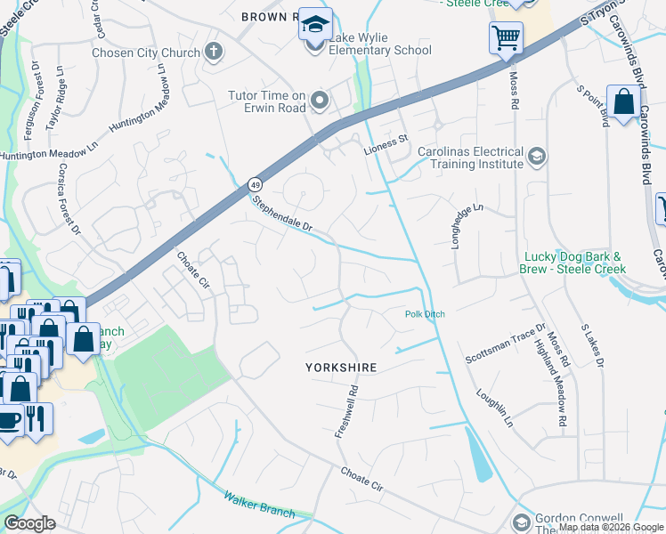 map of restaurants, bars, coffee shops, grocery stores, and more near 12015 Lazy Willow Lane in Charlotte