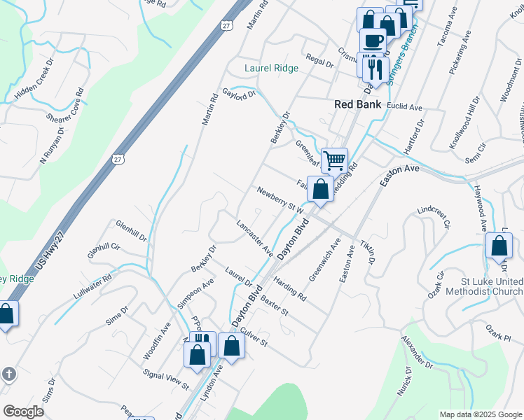 map of restaurants, bars, coffee shops, grocery stores, and more near 3106 Berkley Drive in Chattanooga