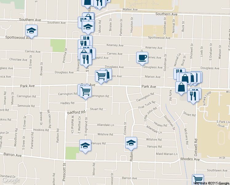 map of restaurants, bars, coffee shops, grocery stores, and more near 3635 Park Avenue in Memphis