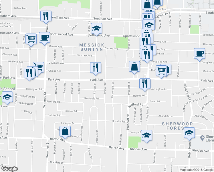 map of restaurants, bars, coffee shops, grocery stores, and more near 3317 Park Avenue in Memphis