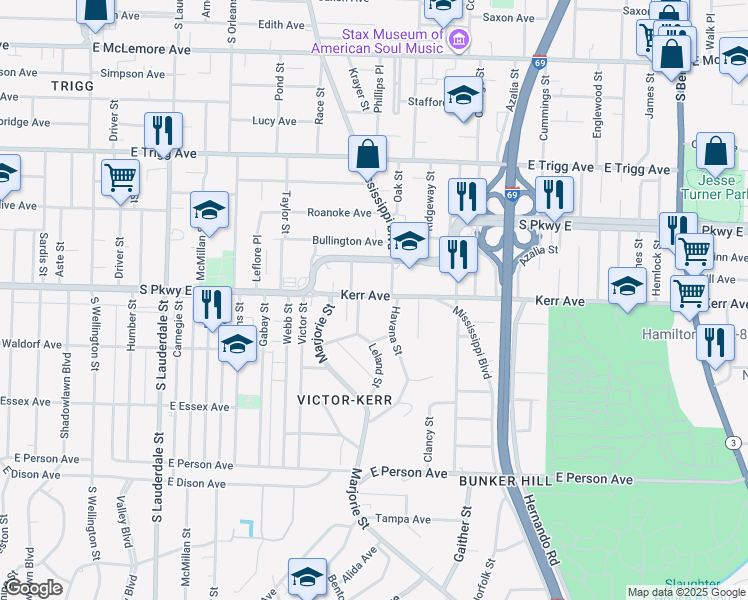 map of restaurants, bars, coffee shops, grocery stores, and more near 1441 Mississippi Boulevard in Memphis