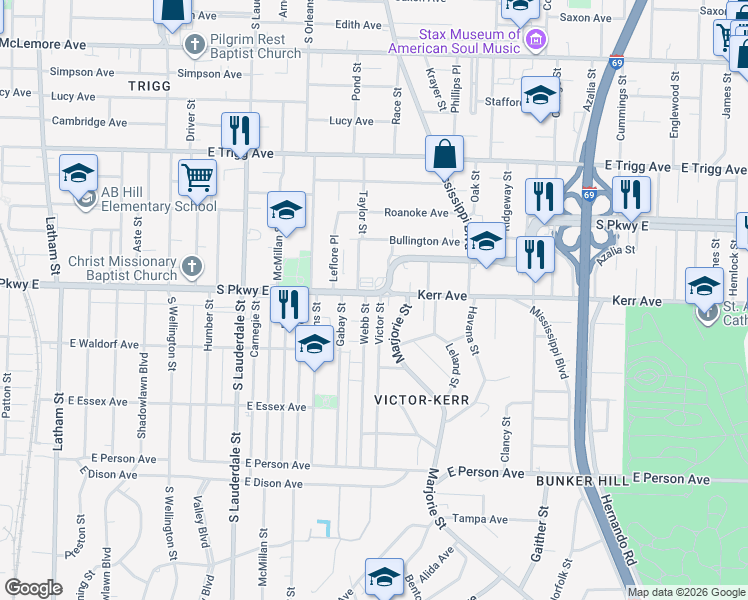 map of restaurants, bars, coffee shops, grocery stores, and more near 743 South Parkway East in Memphis
