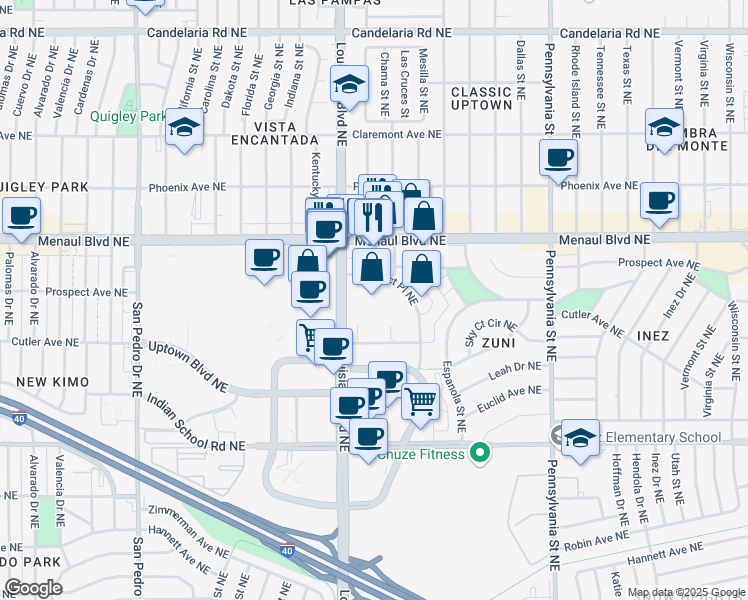 map of restaurants, bars, coffee shops, grocery stores, and more near 2440 Louisiana Boulevard Northeast in Albuquerque