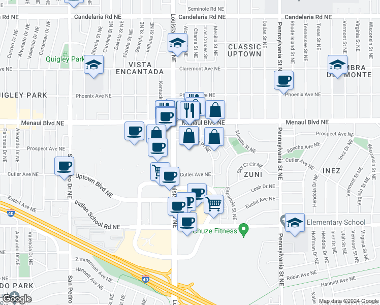 map of restaurants, bars, coffee shops, grocery stores, and more near 2440 Louisiana Boulevard Northeast in Albuquerque
