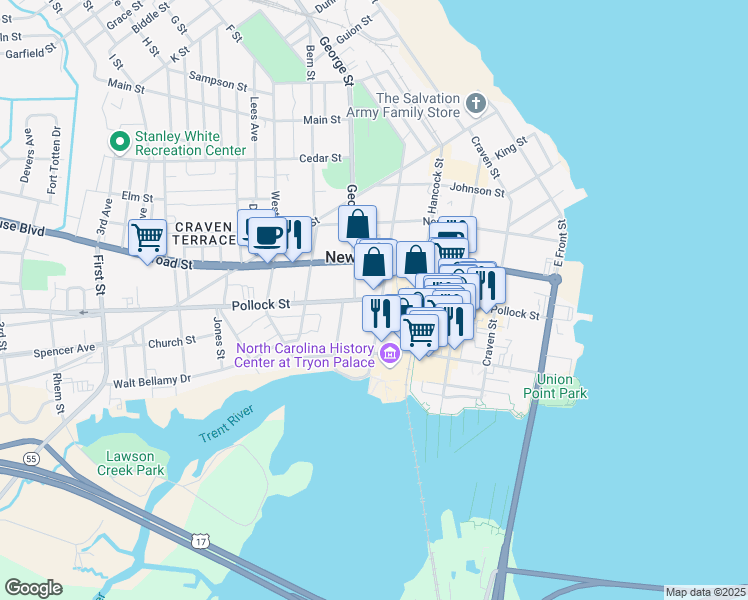 map of restaurants, bars, coffee shops, grocery stores, and more near 603 Pollock Street in New Bern