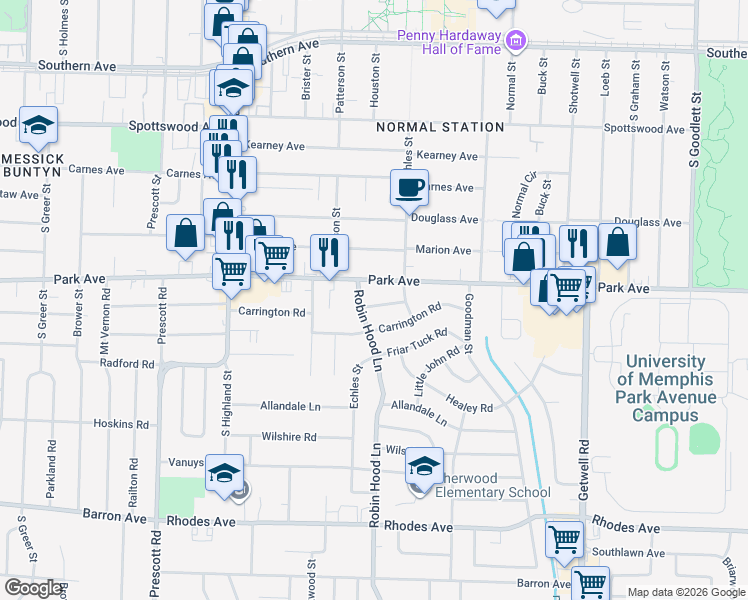 map of restaurants, bars, coffee shops, grocery stores, and more near 3673 Park Avenue in Memphis