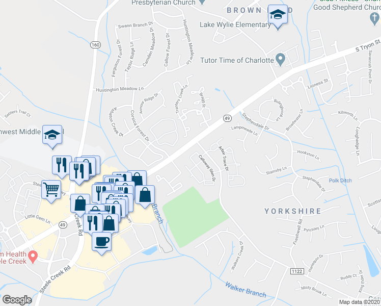 map of restaurants, bars, coffee shops, grocery stores, and more near 13308 Calloway Glen Drive in Charlotte