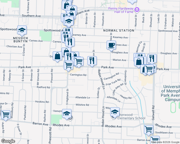 map of restaurants, bars, coffee shops, grocery stores, and more near 3635 Park Avenue in Memphis