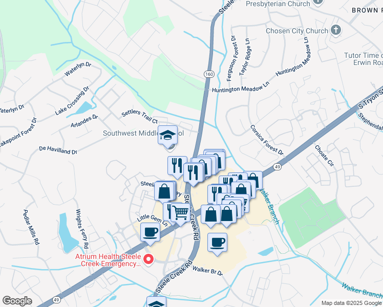 map of restaurants, bars, coffee shops, grocery stores, and more near 13620 Steele Creek Road in Charlotte