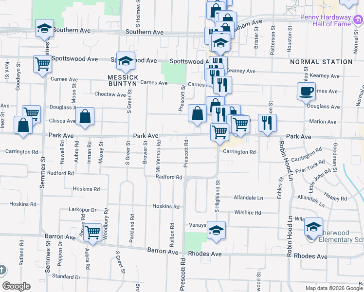 map of restaurants, bars, coffee shops, grocery stores, and more near 3405 Park Avenue in Memphis
