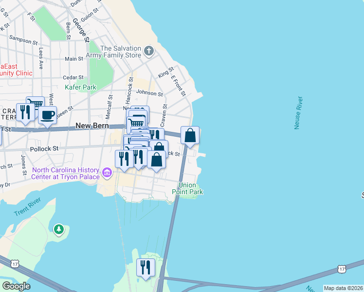 map of restaurants, bars, coffee shops, grocery stores, and more near 315 East Front Street in New Bern